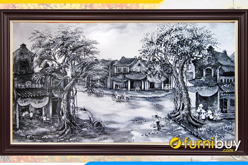 Tranh vẽ phố cổ phố Hà Nội xưa đen trắng TraSdTop-0329 | Top Nội Thất