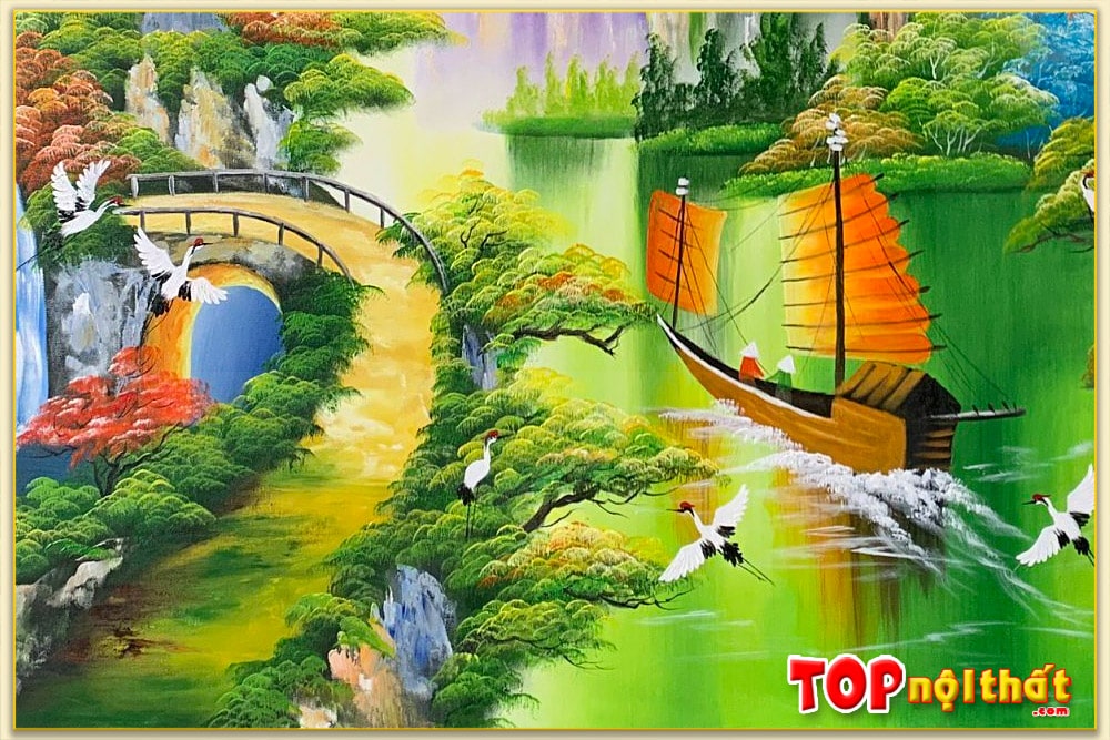Tranh vẽ phong cảnh sơn thủy chùa trên núi TraSdTop-0192 | Top Nội Thất