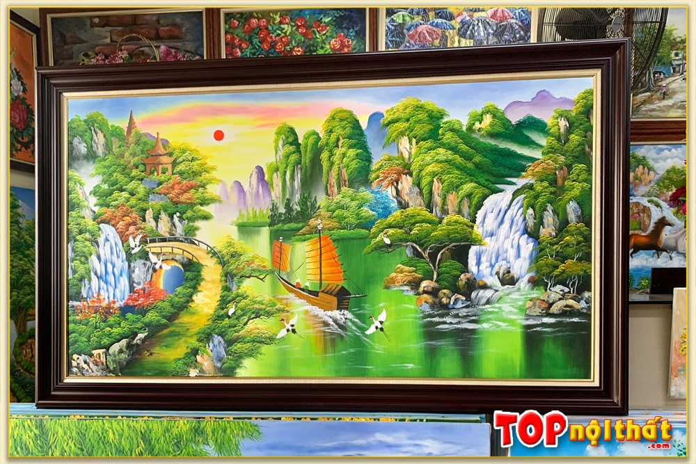 Tranh vẽ phong cảnh sơn thủy chùa trên núi TraSdTop-0192 | Top Nội Thất