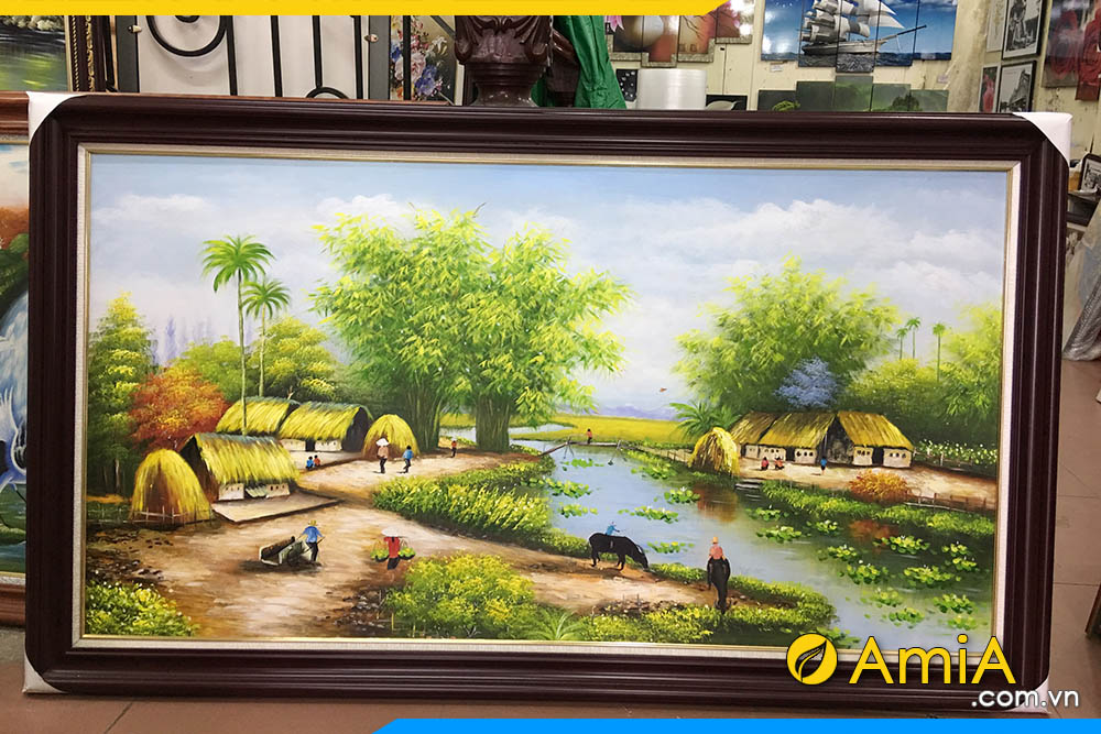 tranh sơn dầu vẽ làng quê bên dòng sông