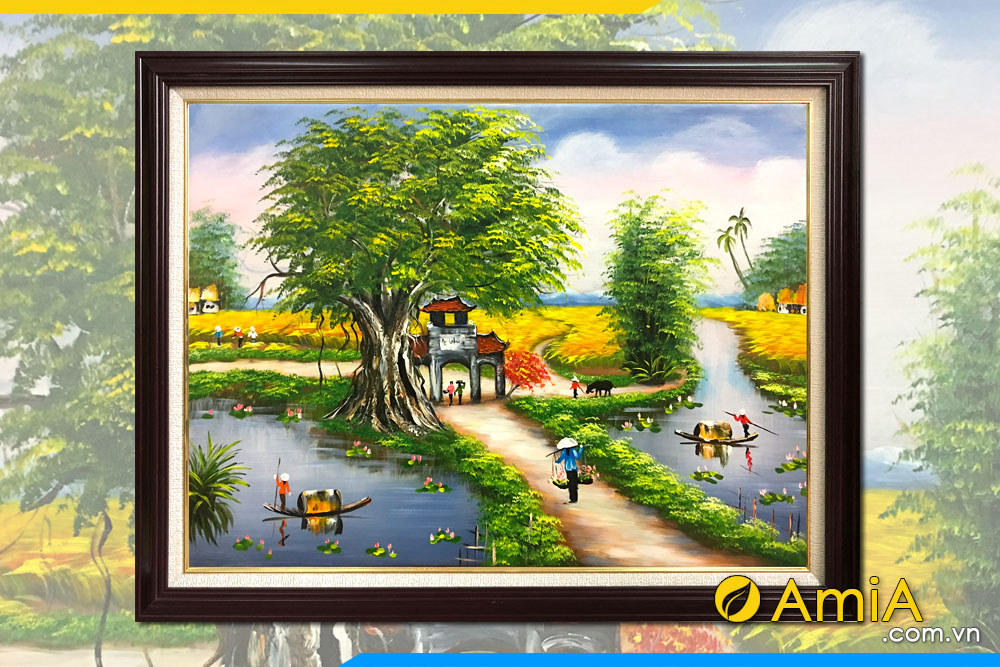 Bức tranh sơn dầu vẽ con đường và cây đa cổng làng | Topnoithat