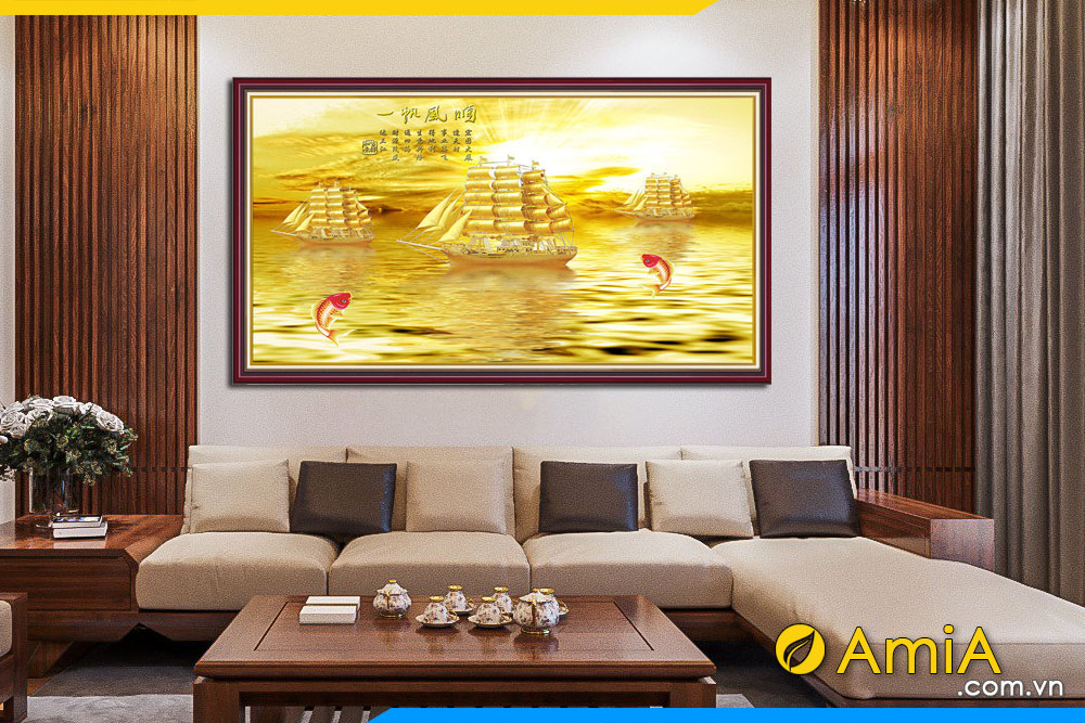Bức tranh thuyền vàng biển vàng phong thủy đẹp