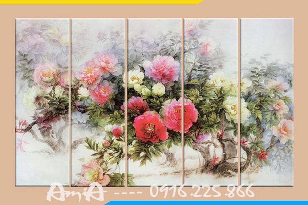 Tranh canvas hoa mẫu đơn 5 tấm bằng nhau TraTop-4124