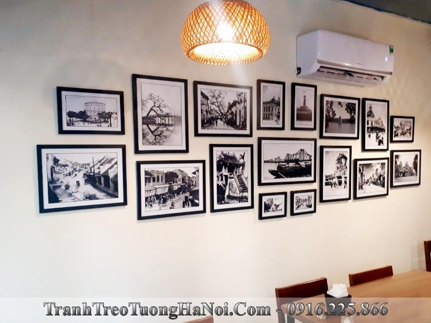 Tranh treo tường nhà hàng hiện đại hà nội xưa Bộ khung tranh Hà Nội đen trắng 17 tấm TraTop-9998