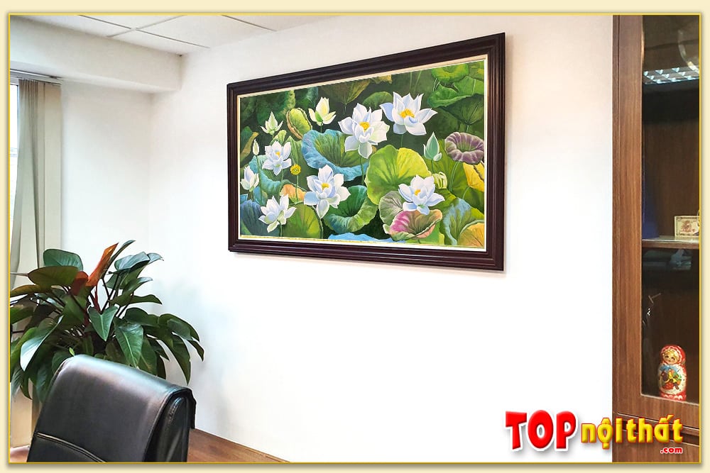 Bức tranh sơn dầu hoa sen trắng treo văn phòng làm việc TraSdTop-0619