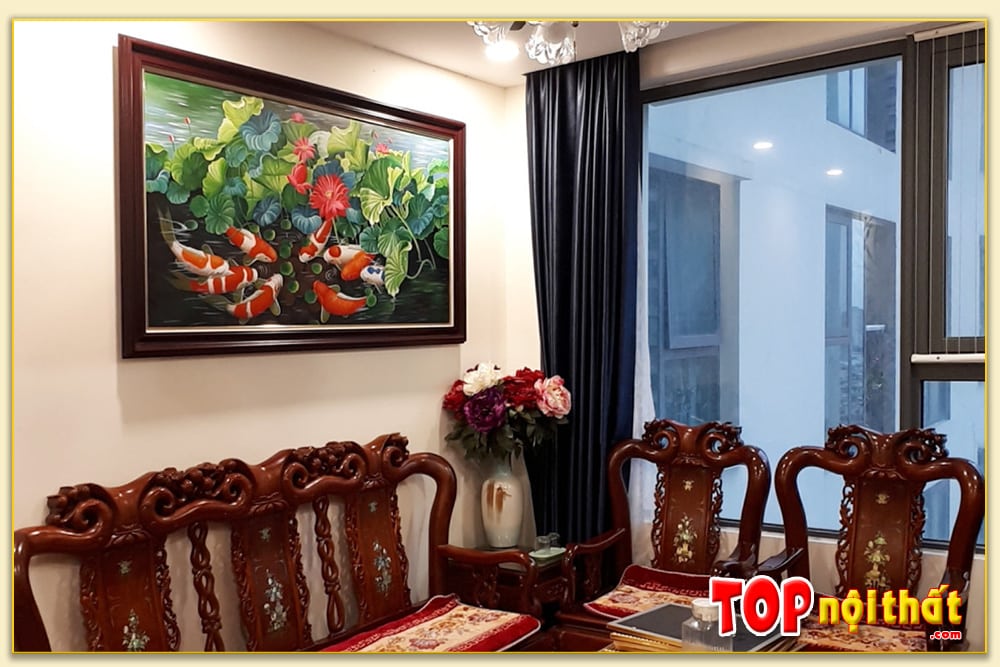 Tranh sơn dầu treo phòng khách chung cư cá chép hoa sen TraSdTop-0216