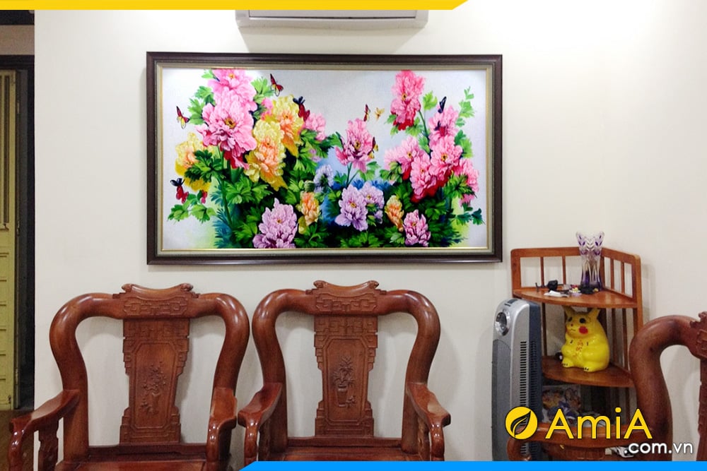 Hình ảnh Tranh hoa mẫu đơn và đàn bướm vẽ sơn dầu treo phòng khách AmiA TSD 193