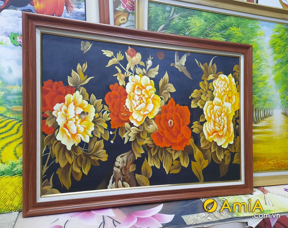 Hình ảnh Tranh hoa mẫu đơn vẽ sơn dầu tone vàng đẹp sang trọng AmiA TSD 557