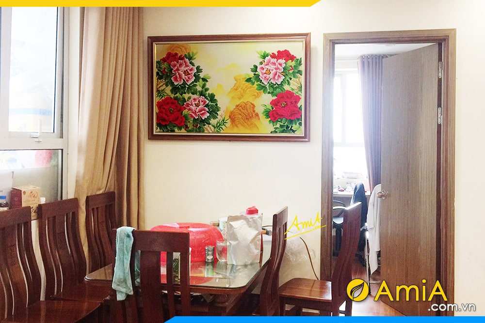 Hình ảnh Tranh vẽ sơn dầu hoa mẫu đơn 8 bông treo phòng khách đẹp AmiA TSD 441