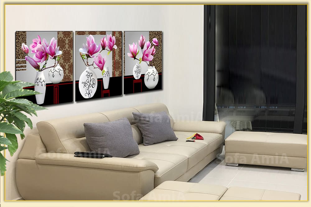 Bức tranh bình hoa lan đẹp phòng khách 3 tấm TraTop-1376