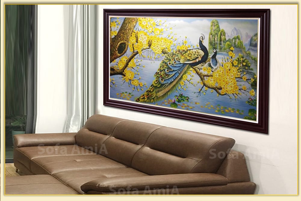 Hình ảnh Bức tranh sơn dầu hoa mai vàng và đôi chim công đẹp